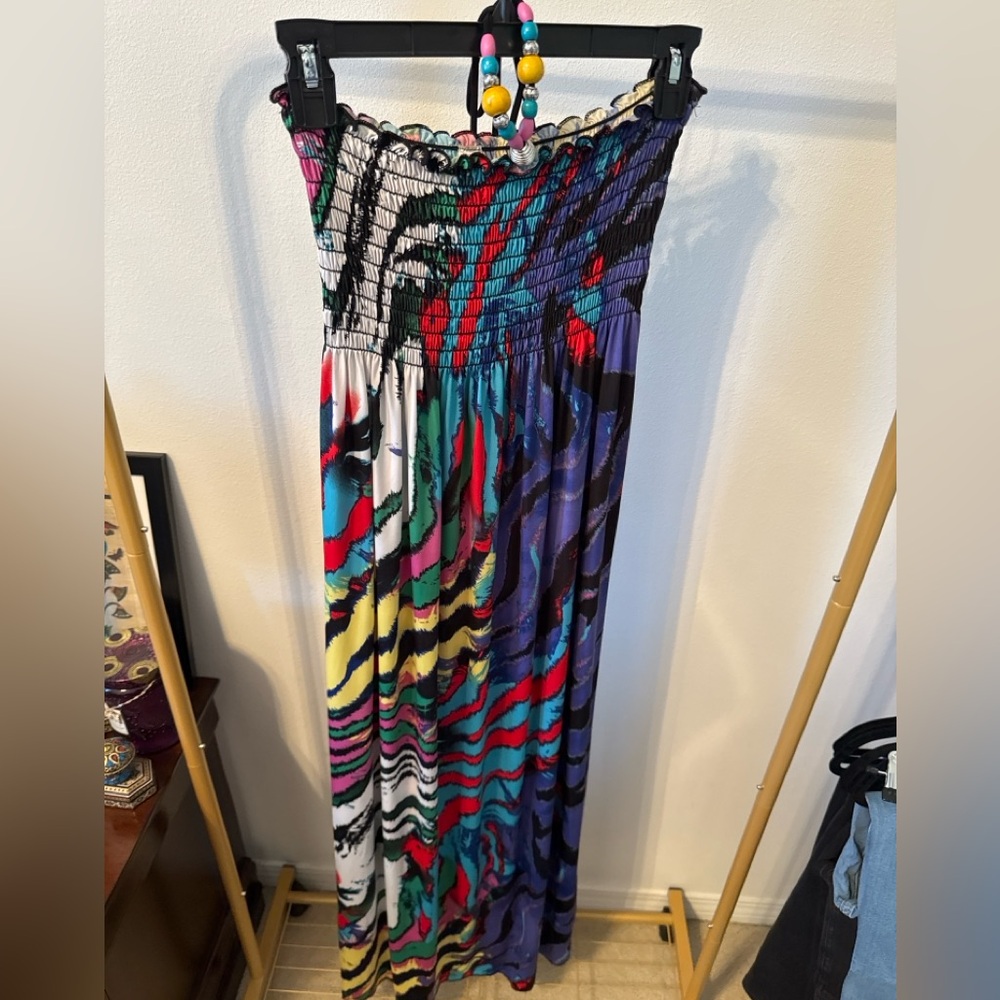 Strapless Smocked Maxi Dress Colorful Boho Print One Size